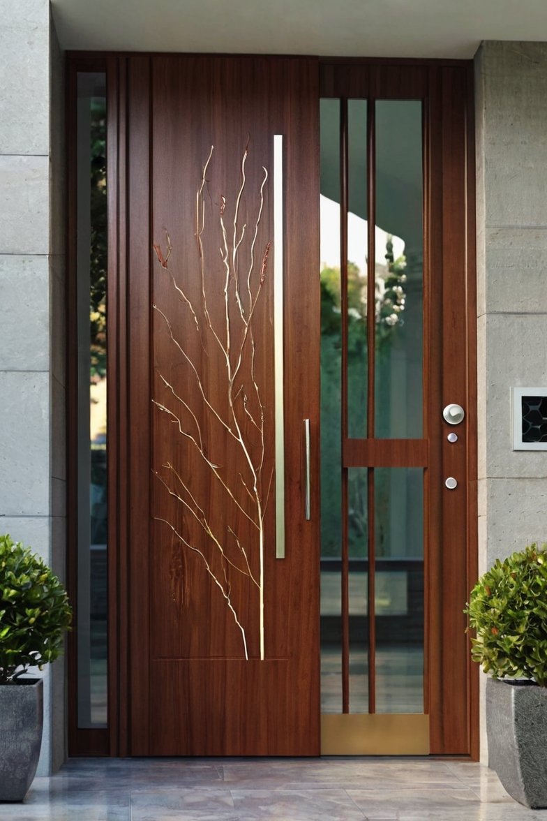 Modern wooden front door with gold tree branch inlay design, glass sidelights, and contemporary handle