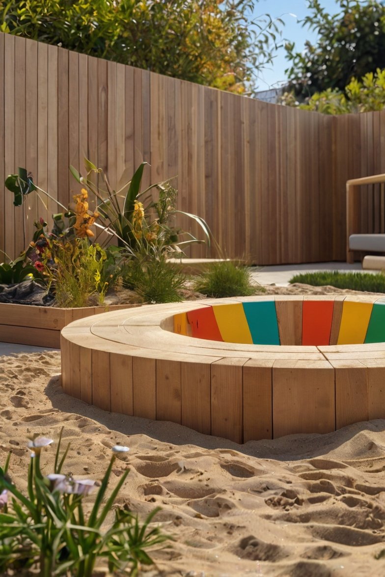 Circular wooden sandbox with colorful interior panels surrounded by sand in a modern backyard garden