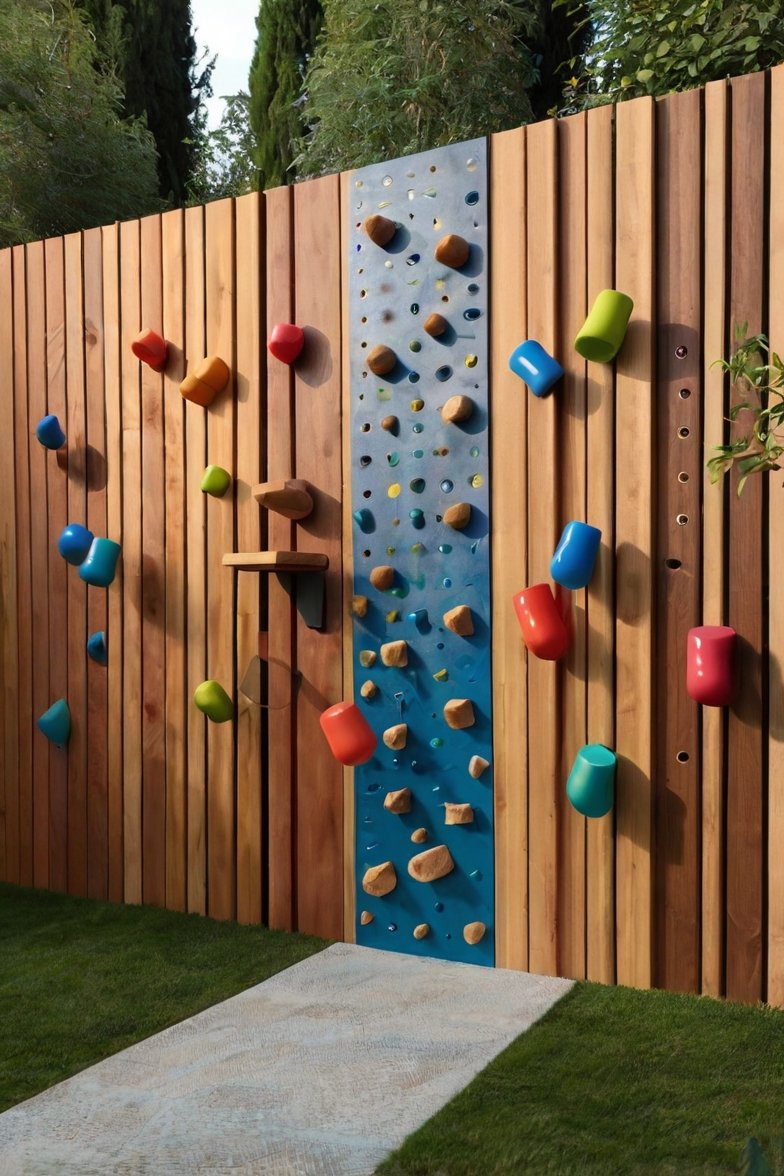 Colorful rock climbing wall mounted on a wooden backyard fence with multicolored holds and blue panel