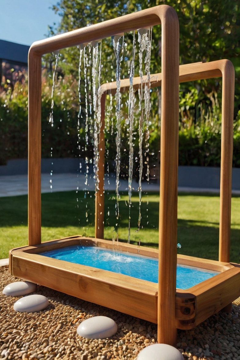 Wooden garden water feature with cascading water streams falling into a blue-tinted rectangular basin surrounded by pebbles