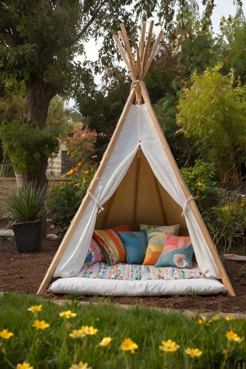 White canvas teepee with colorful pillows and white mattress pad set up in a lush backyard garden