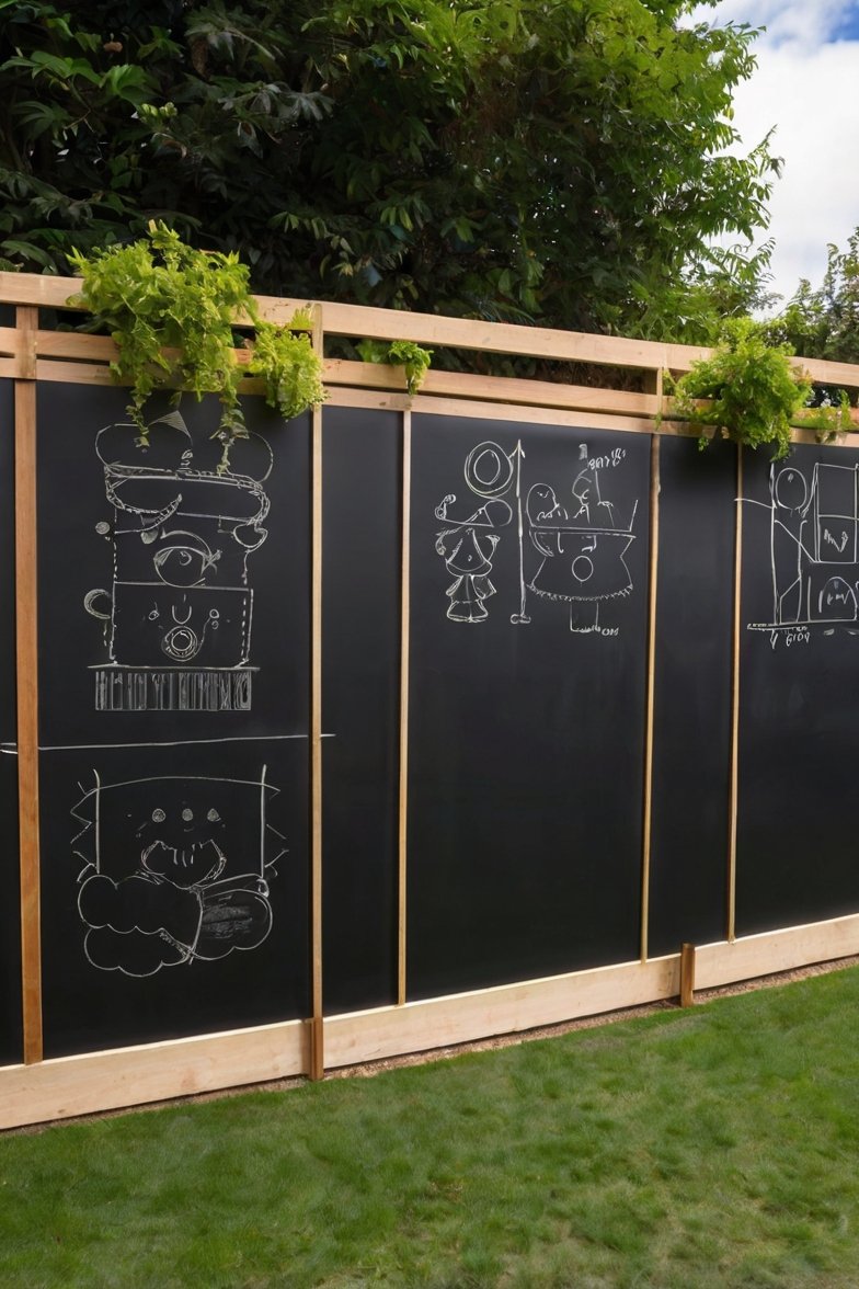 Outdoor chalkboard fence with children's chalk drawings, wooden frame, hanging plants, and green lawn in backyard garden