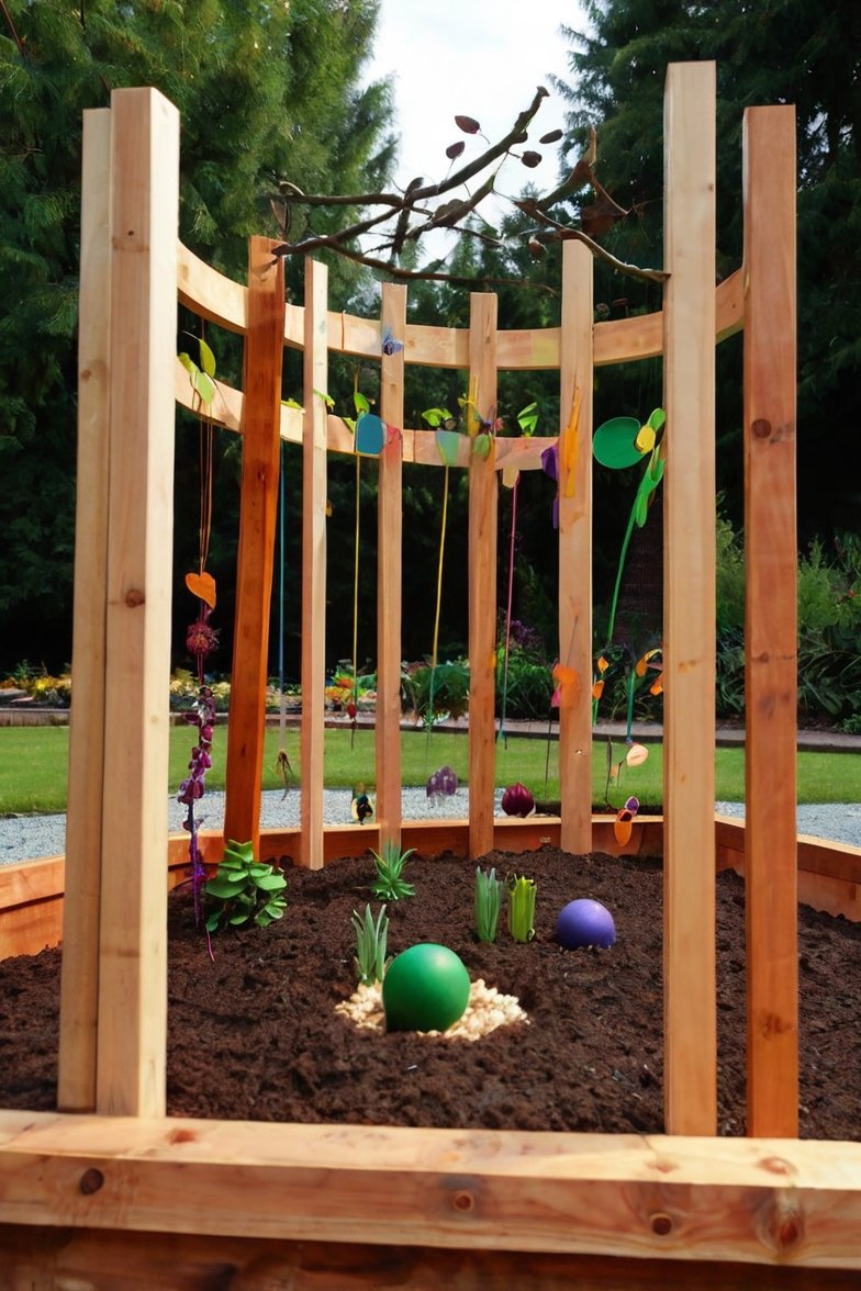 Circular wooden raised garden bed with vertical slat fence, hanging colorful decorations, small plants, and decorative balls in soil