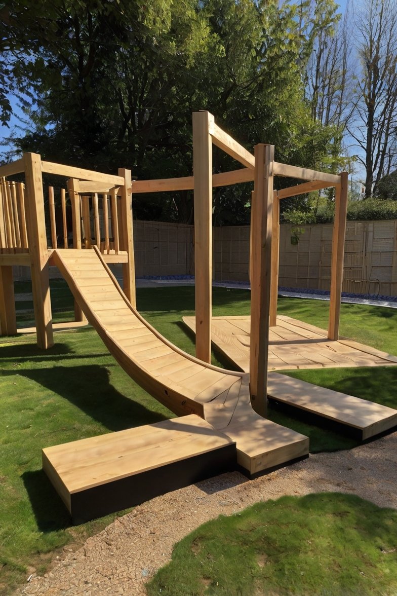 Natural wooden children's playground with curved slide, raised platform, and pergola frame in a landscaped garden