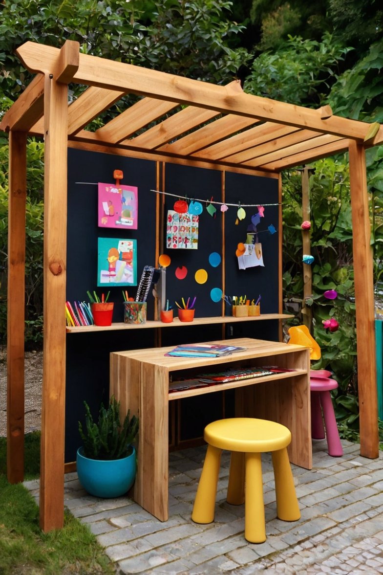 Outdoor kids art station with wooden pergola, chalkboard wall, colorful supplies, and yellow stool in garden