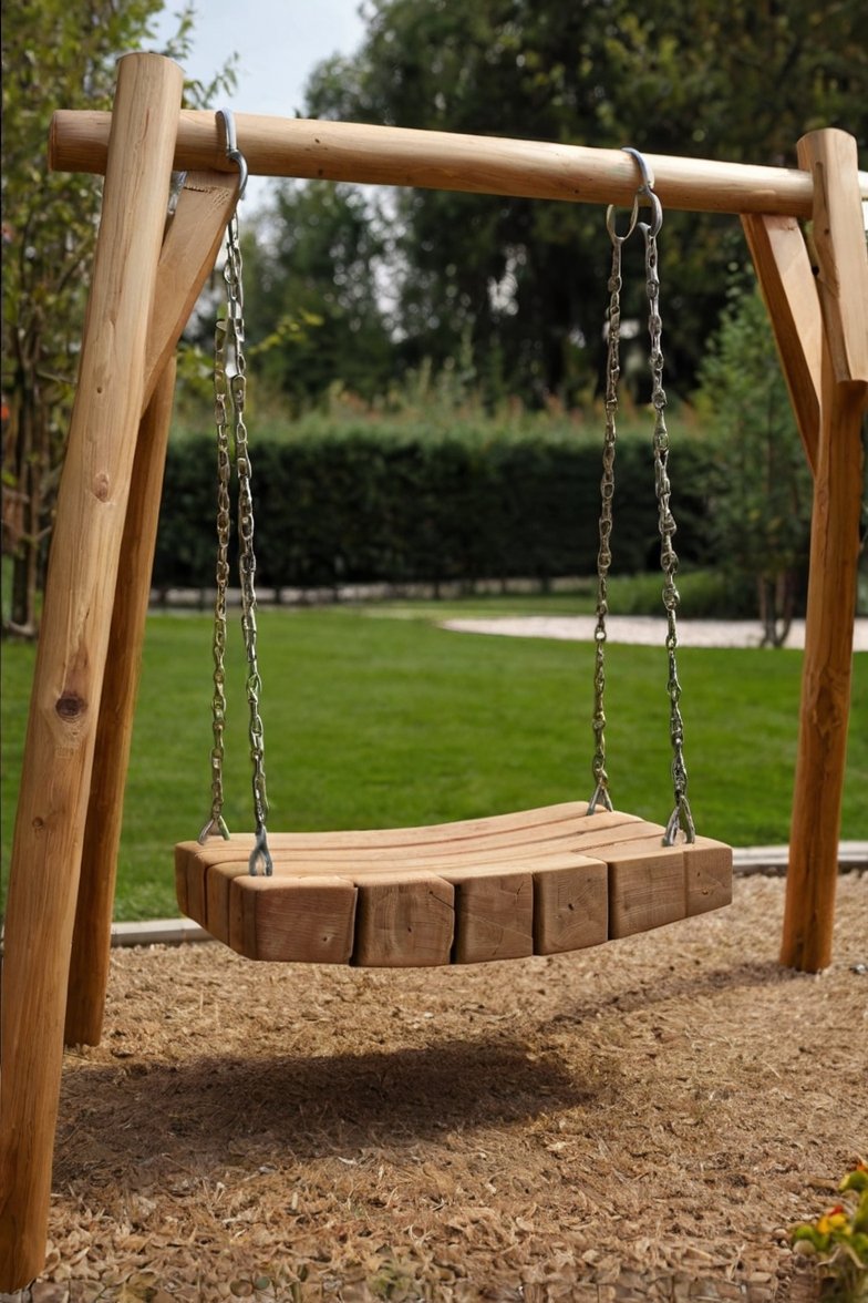 Rustic wooden garden swing with thick timber seat and metal chains suspended from a natural wood A-frame structure