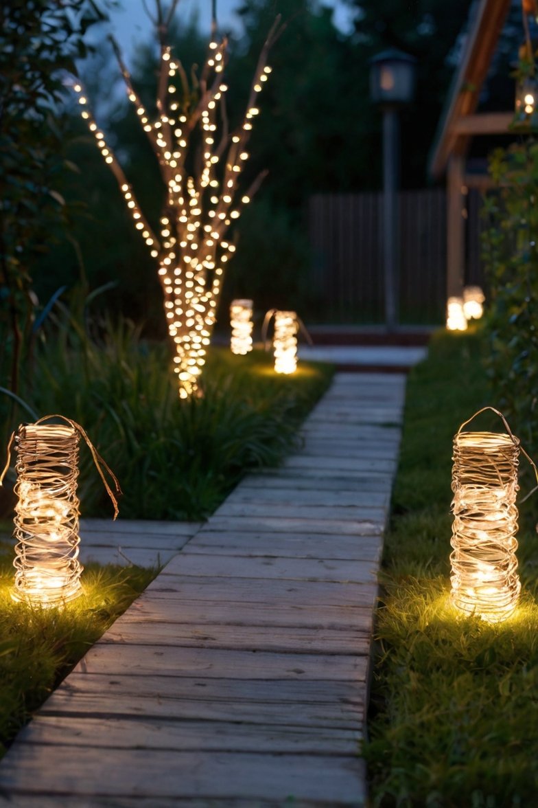 Illuminated garden pathway with wire lanterns and fairy light-wrapped branches at dusk