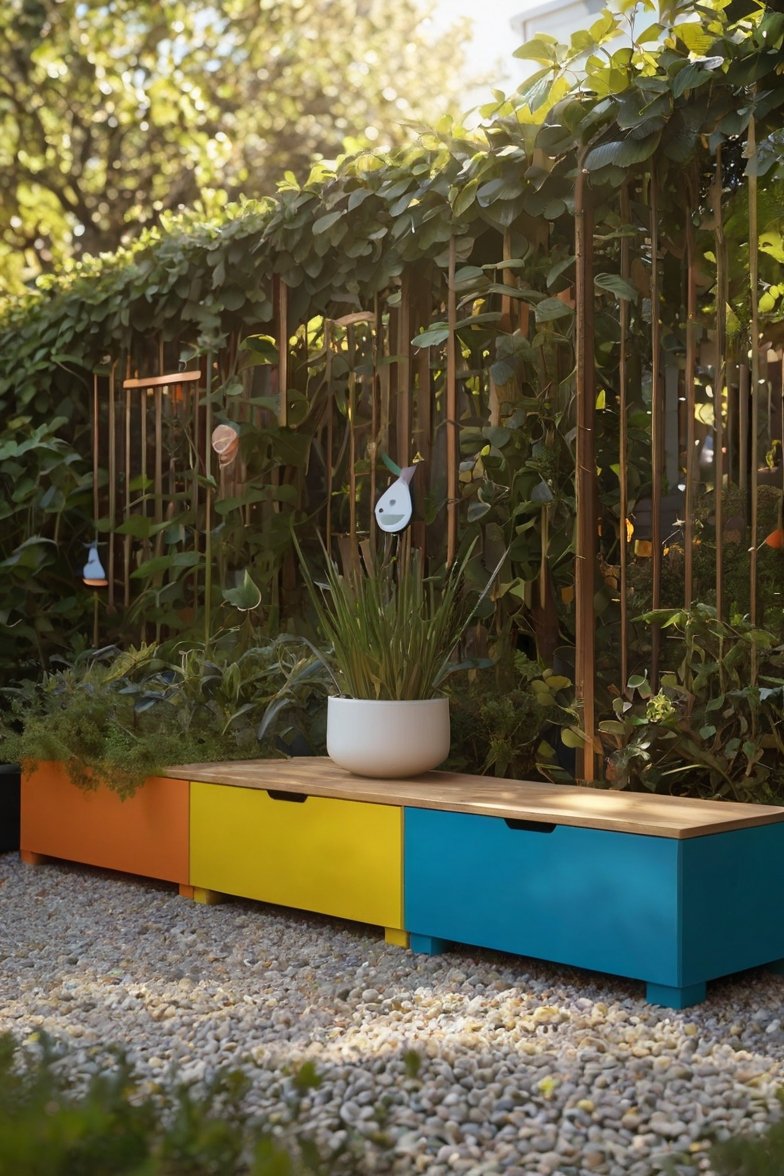 Colorful orange, yellow, and blue outdoor storage bench with white planter in a lush garden setting