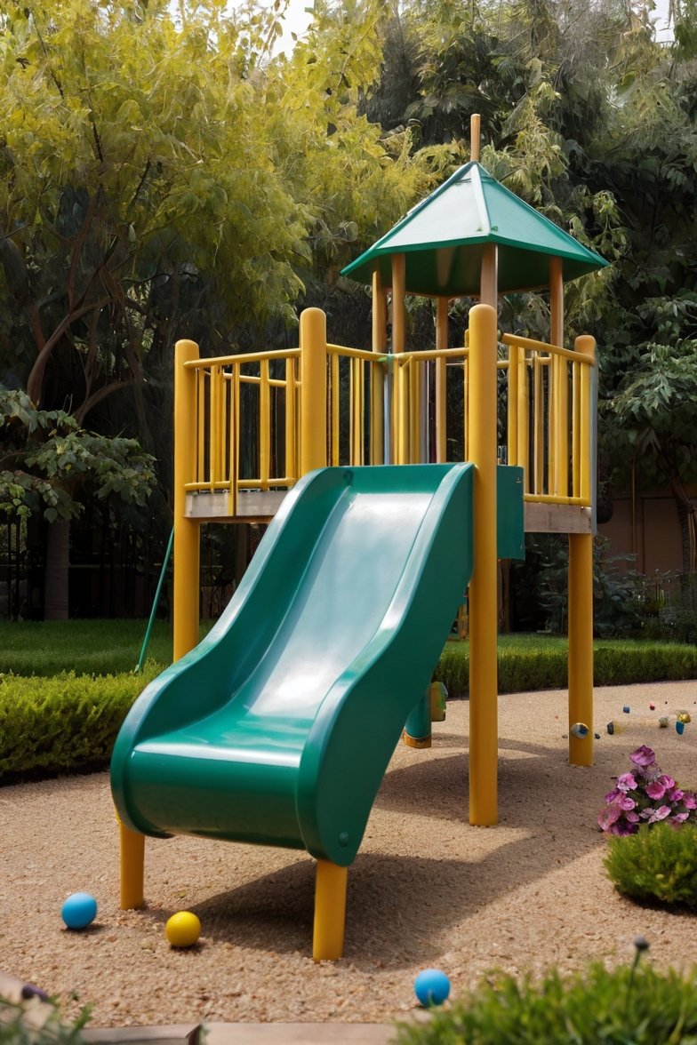 Colorful children's playground with green slide and yellow railings surrounded by lush trees and gravel ground