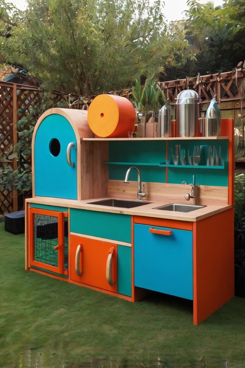 Colorful teal and orange children's outdoor mud kitchen with sinks, faucets, cabinets, and play utensils in a garden