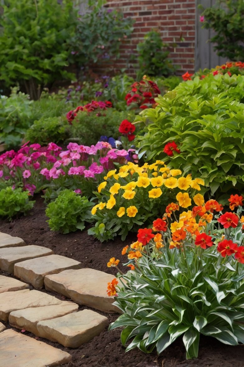 Colorful garden border with yellow, pink, orange, and red flowers alongside a stone path and brick wall