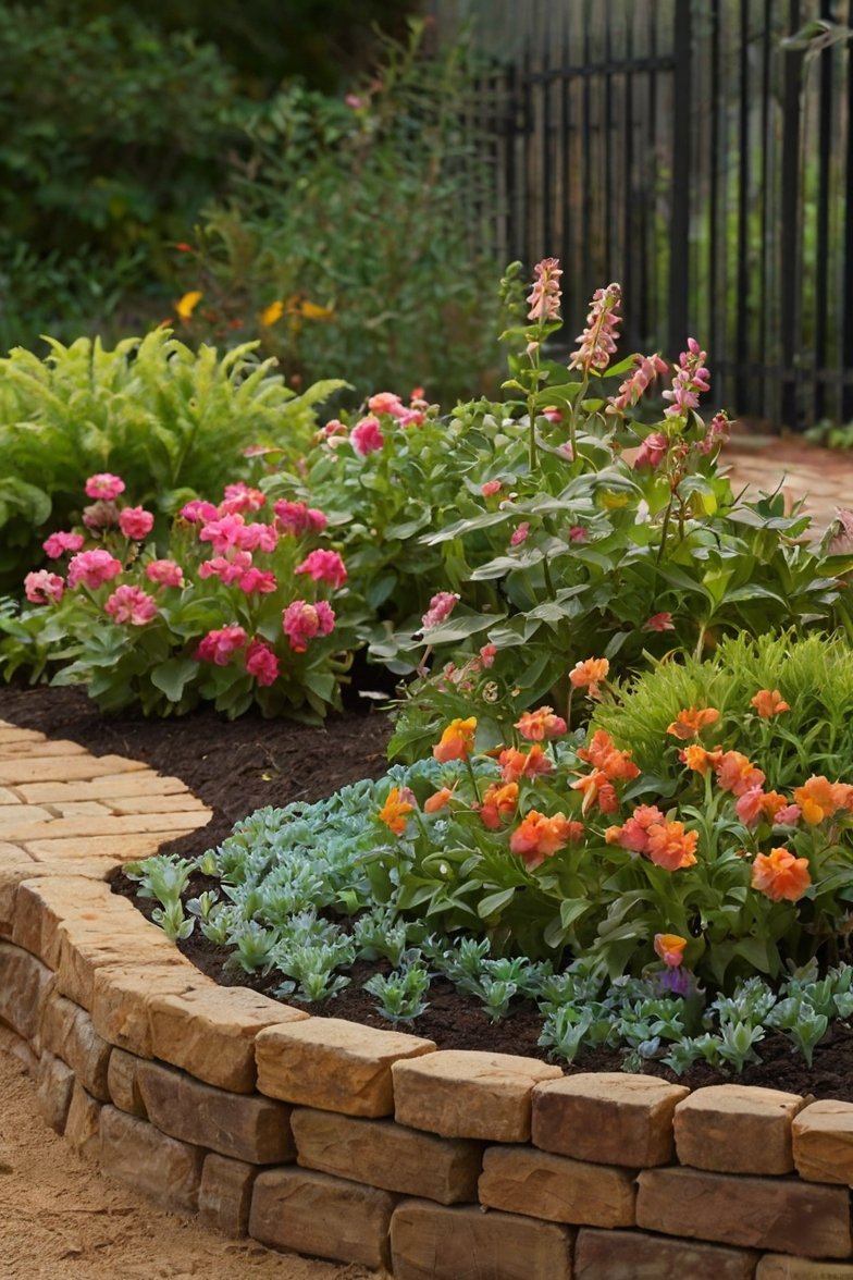 Curved raised garden bed with brick edging featuring pink geraniums, orange wallflowers, snapdragons, and silver foliage