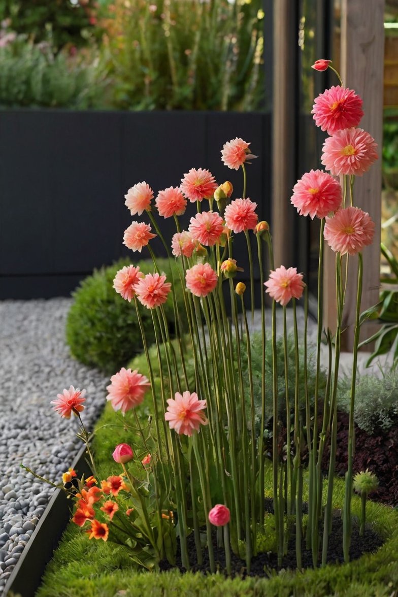 Pink pompom dahlias on tall slender stems in a modern garden with gravel path and clipped boxwood