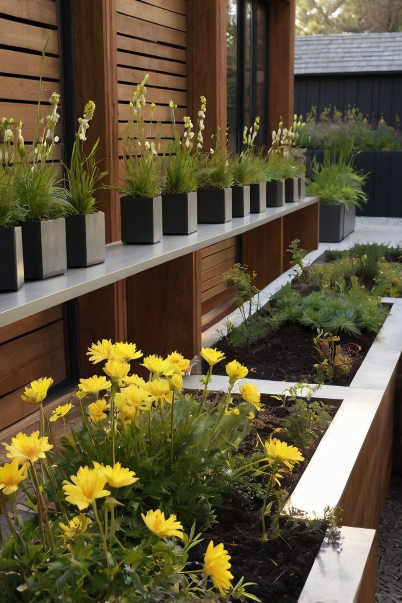 Modern garden with yellow daisy flowers in raised beds and black-white square planters on wooden ledge