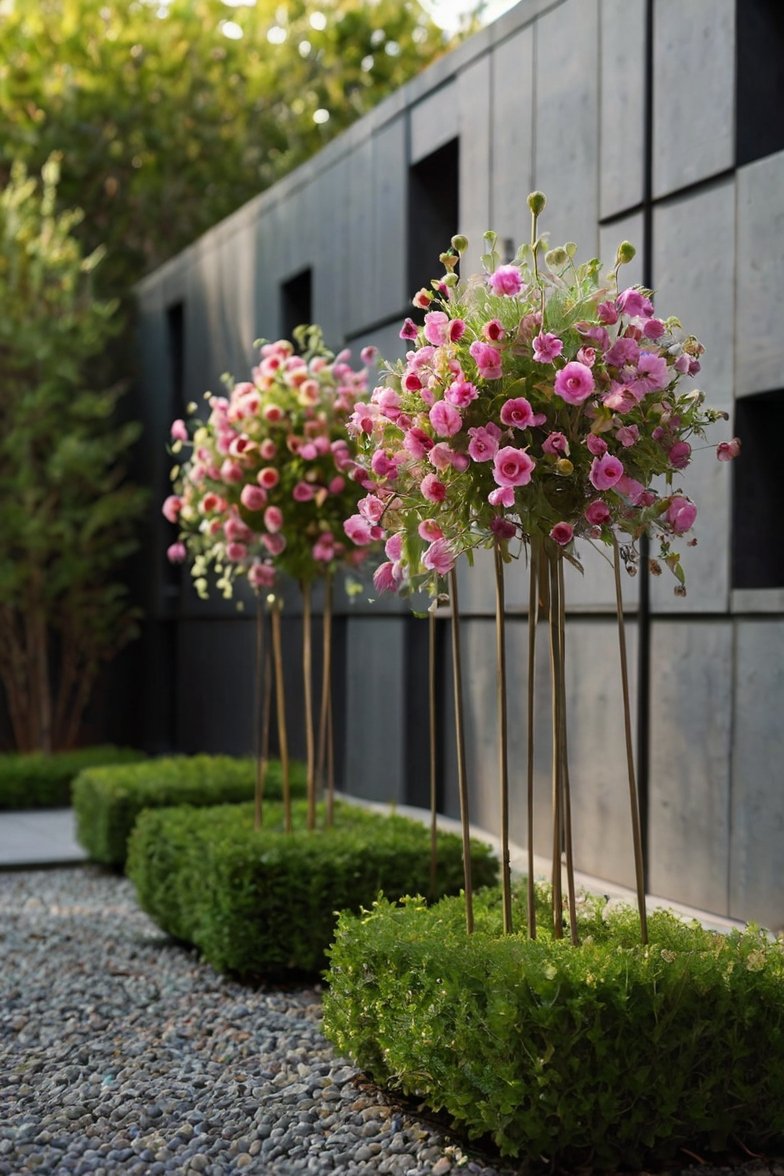 Standard topiary trees with pink globe-shaped flower clusters above neatly trimmed box hedges in a modern gravel garden
