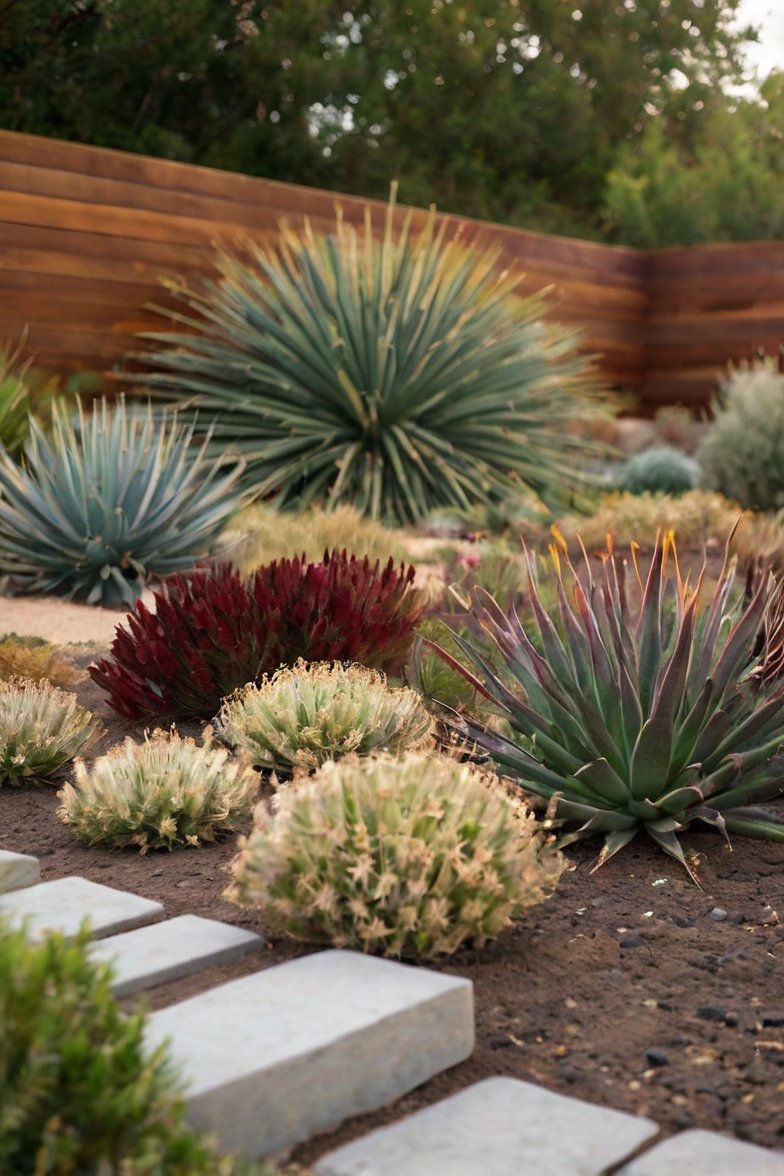 Desert xeriscape garden with agave, yucca, and succulents along a wood fence with stone path