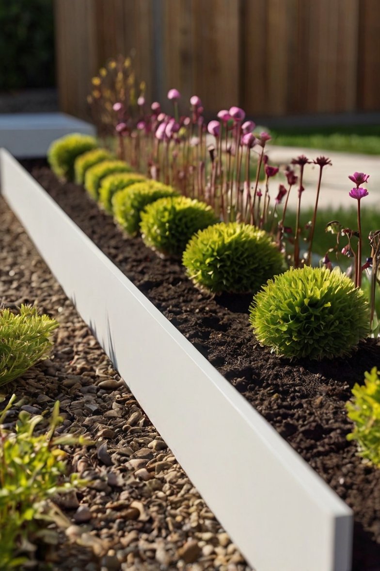 White metal garden edging separating gravel path from raised bed with round green shrubs and pink flowers