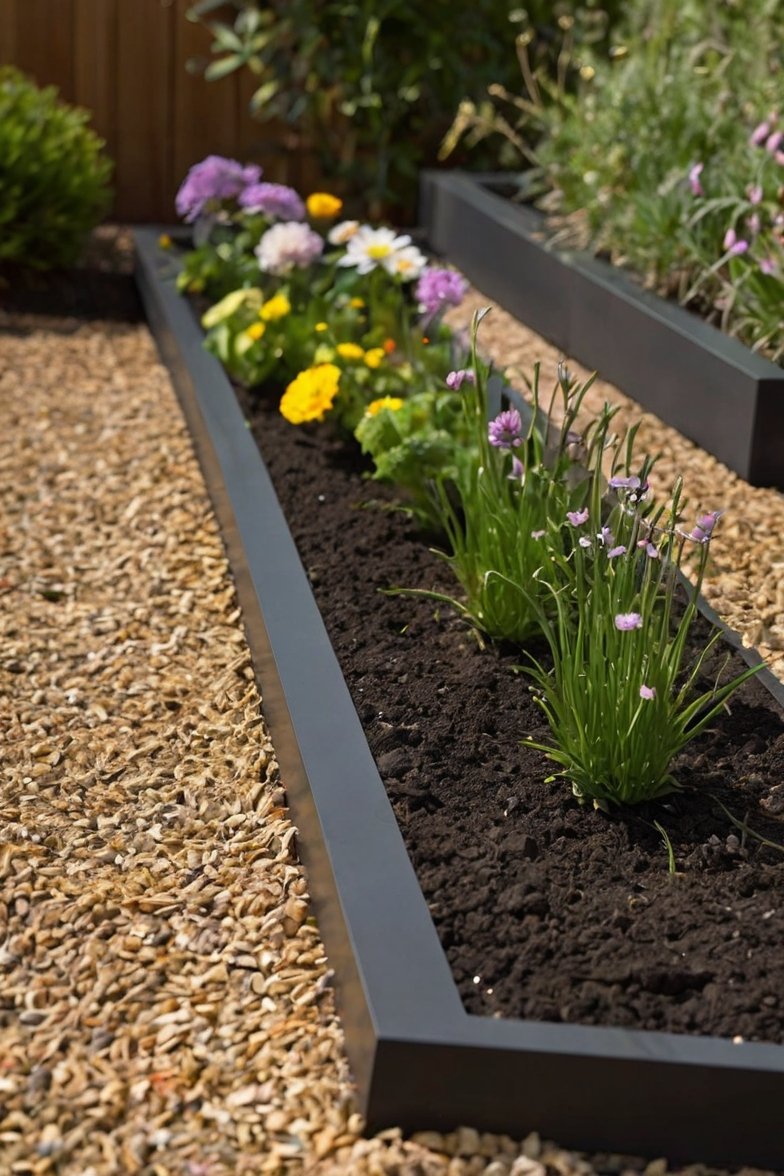 Raised garden bed with dark metal edging containing chives, marigolds, daisies, and purple flowers beside a gravel path