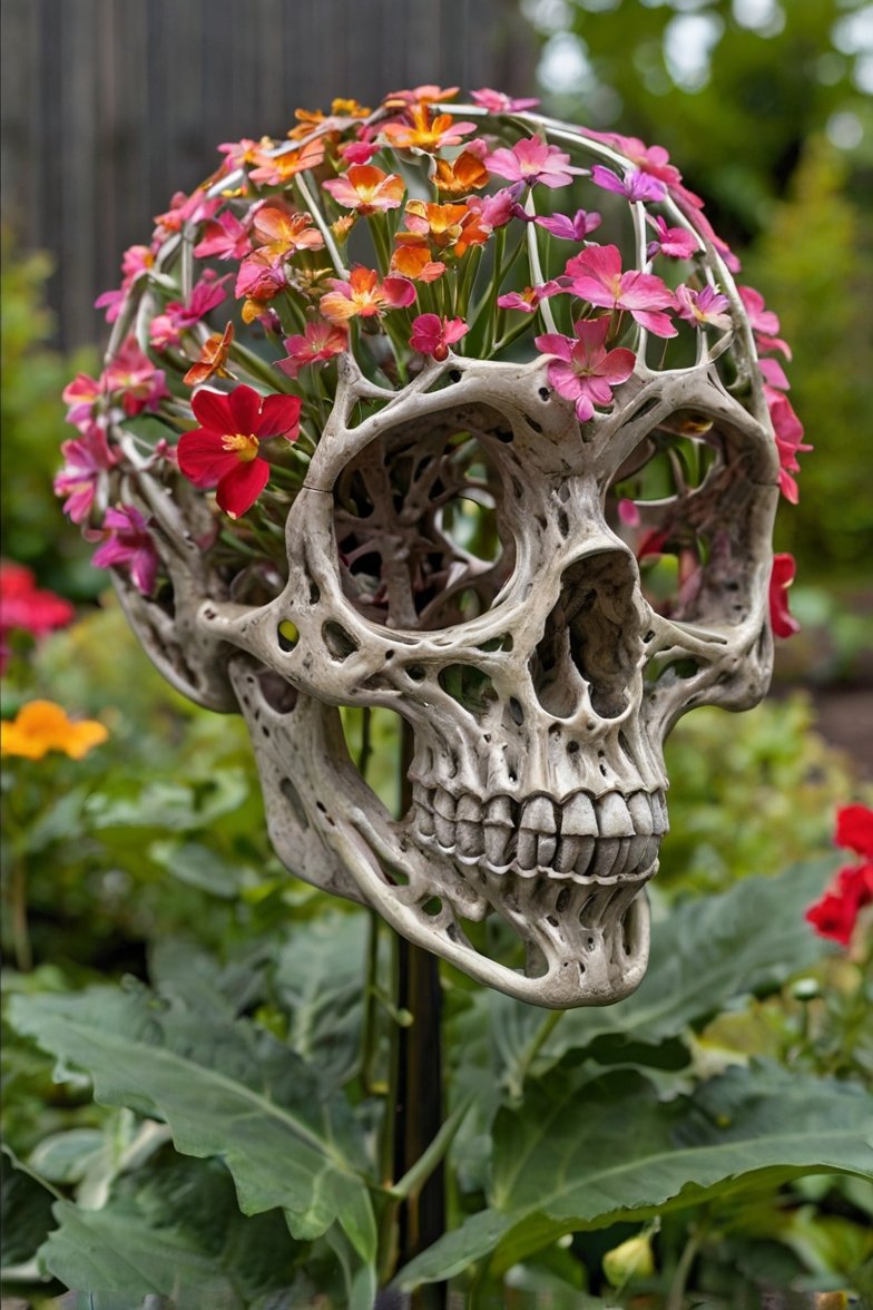 Decorative latticed skull garden stake planter filled with pink, red, and orange blooming flowers