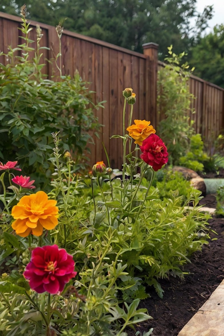 Colorful backyard flower garden with red and orange marigolds against a dark wood privacy fence