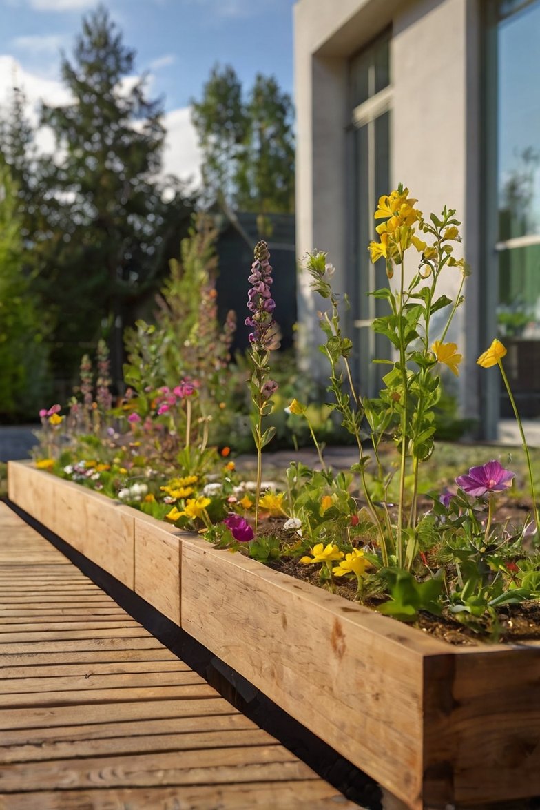 Wooden raised garden bed filled with colorful wildflowers including yellow, purple, and pink blooms beside a deck