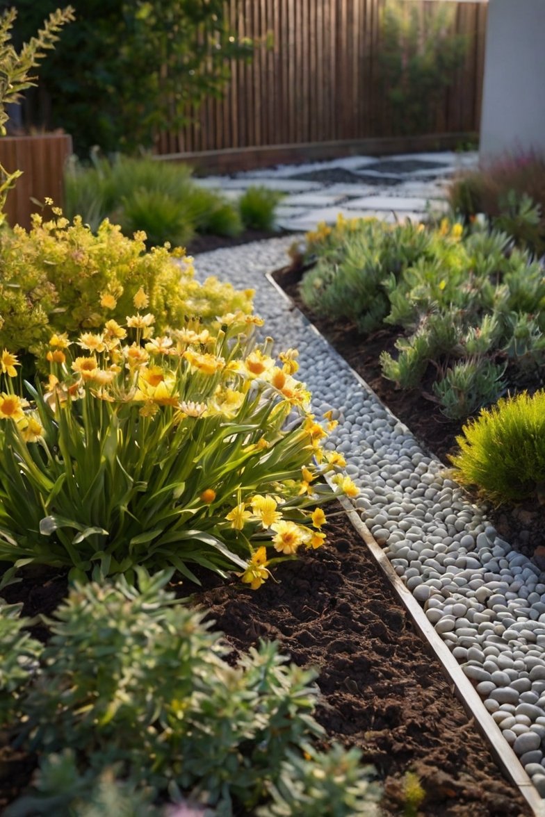 Modern garden with yellow flowers, white pebble pathway, low-growing shrubs, and wooden fence backdrop