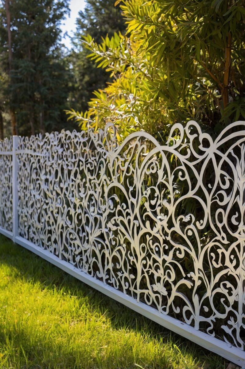 Ornate white wrought iron garden fence with intricate scrollwork and floral patterns against lush green trees