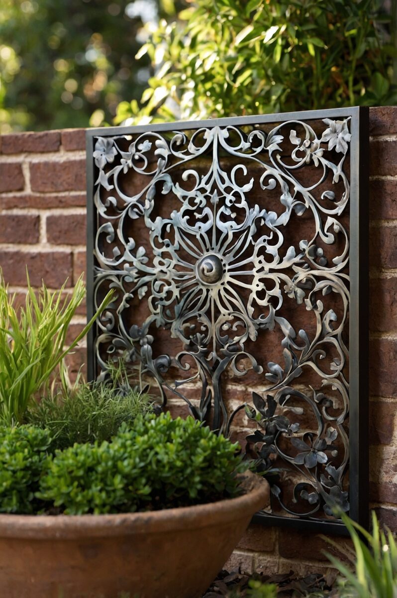Ornate wrought iron decorative wall panel with floral scrollwork leaning against brick wall in garden setting