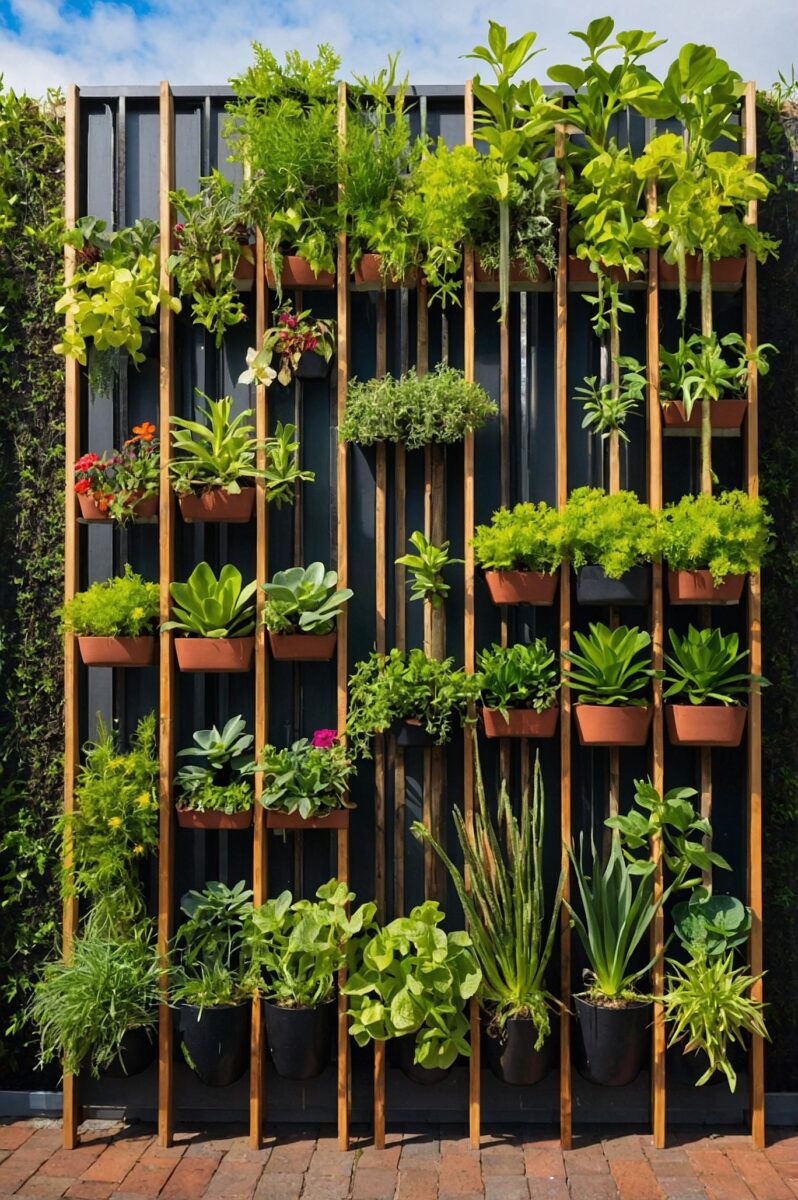 Vertical garden wall with wooden slat frame holding terracotta and black pots of herbs, succulents, and flowering plants