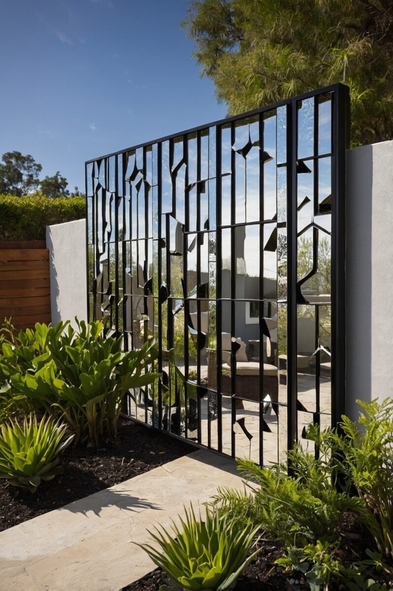 Black metal framed garden mirror wall art with geometric mirror pieces between white stucco walls surrounded by lush greenery