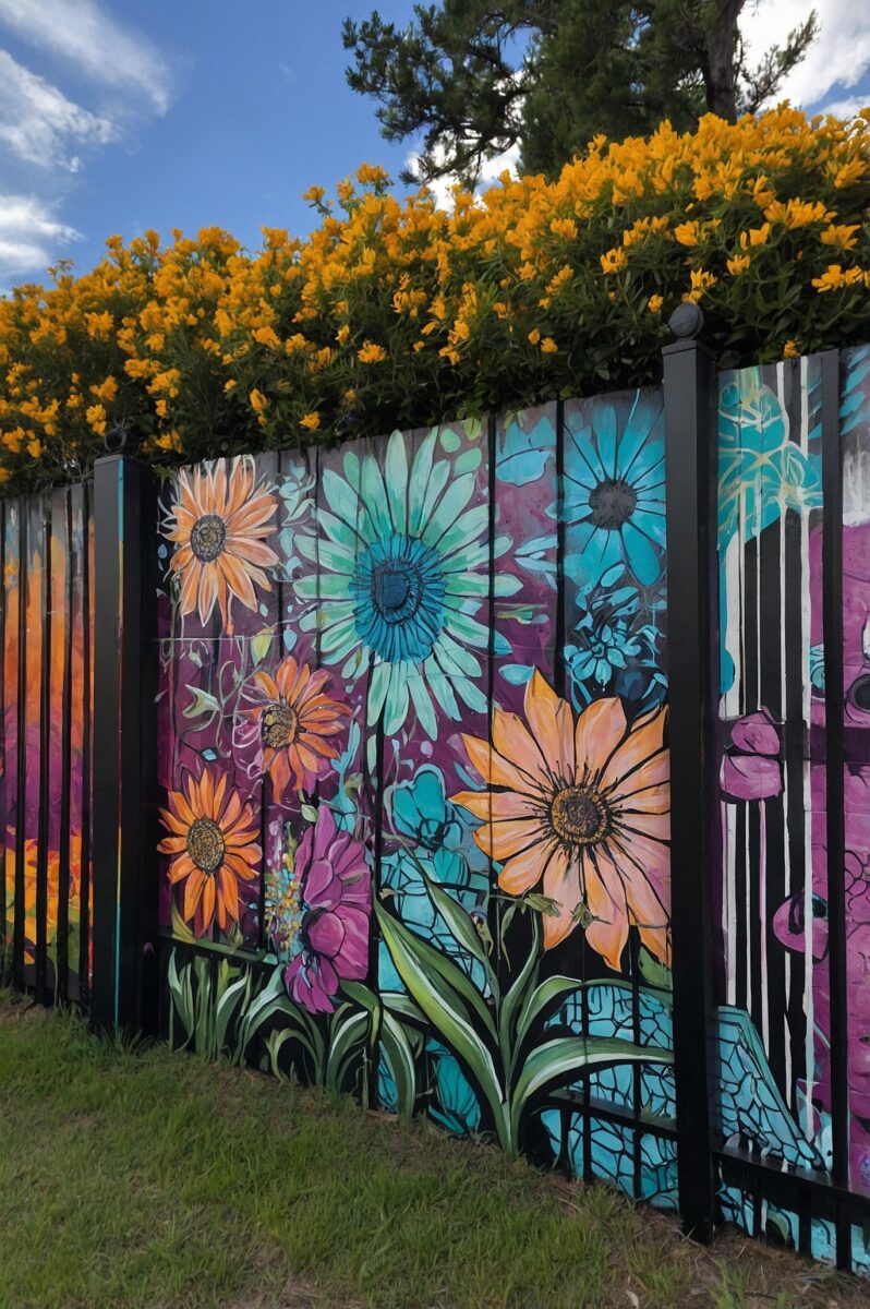 Colorful floral mural painted on a black metal fence featuring orange, teal, and purple sunflowers with yellow blooming shrubs above
