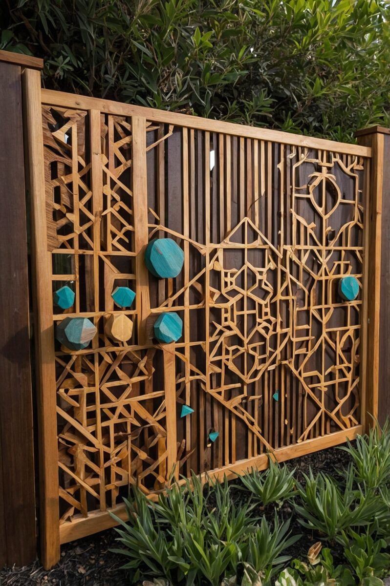 Ornate wooden lattice garden screen with geometric Islamic-inspired patterns and teal faceted wooden gem accents