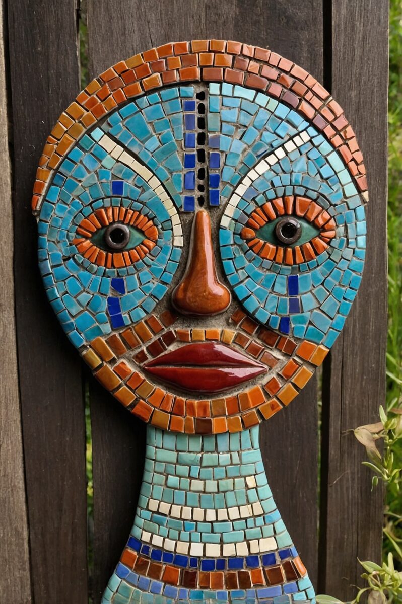 Colorful ceramic mosaic face sculpture with turquoise, orange, and blue tiles mounted on a wooden fence