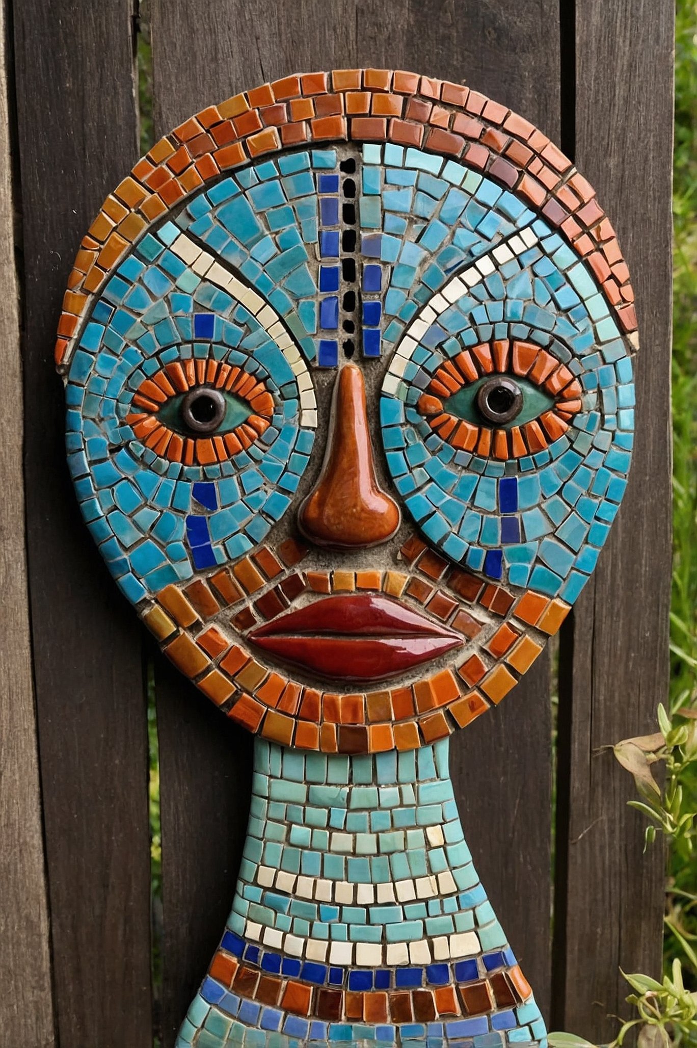 Colorful ceramic mosaic face sculpture with turquoise, orange, and blue tiles mounted on a wooden fence