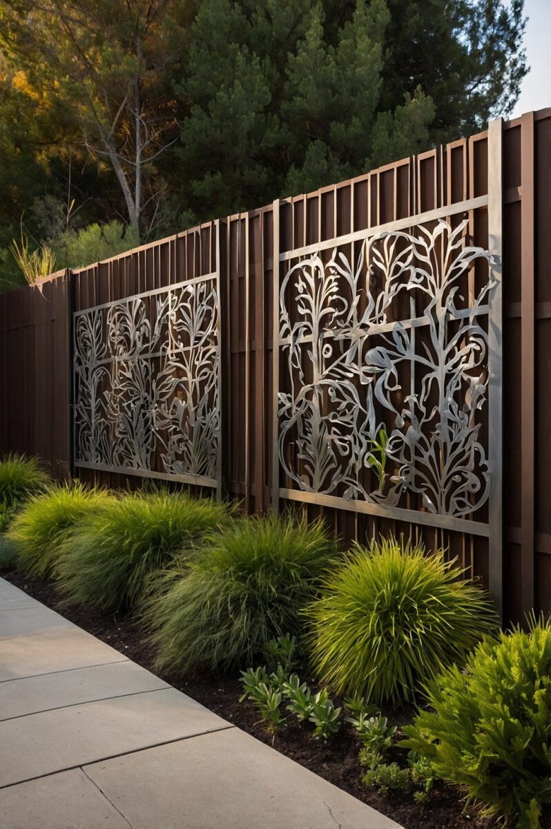 Decorative laser-cut metal fence panels with botanical floral patterns on dark wood fence with ornamental grasses
