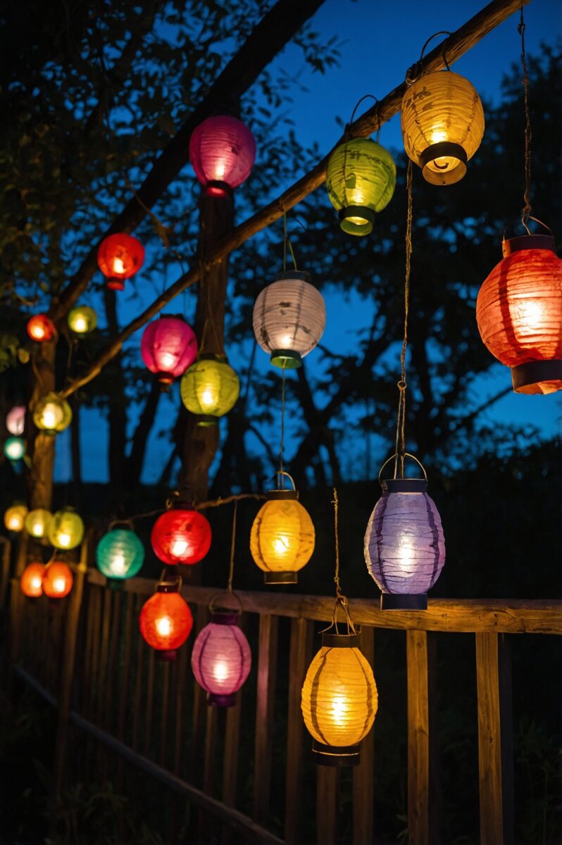 Colorful illuminated paper lanterns hanging from wooden rails and tree branches against a twilight blue sky