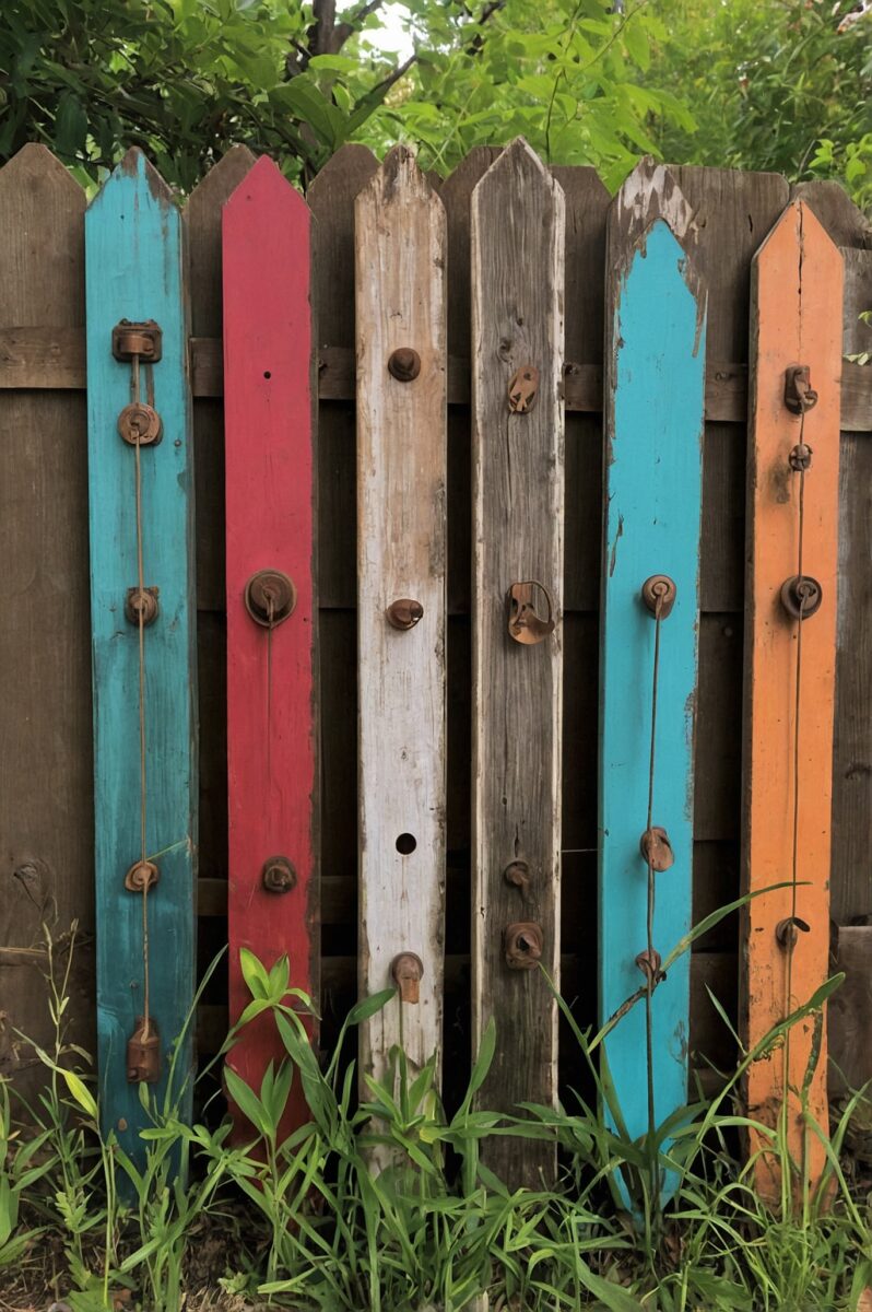 Colorful painted wooden picket fence slats in teal, red, white, gray, and orange leaning against weathered fence