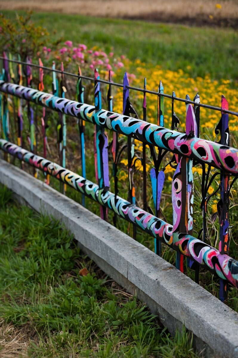 Colorfully painted wrought iron fence with multicolor swirl patterns beside a garden with yellow and pink flowers
