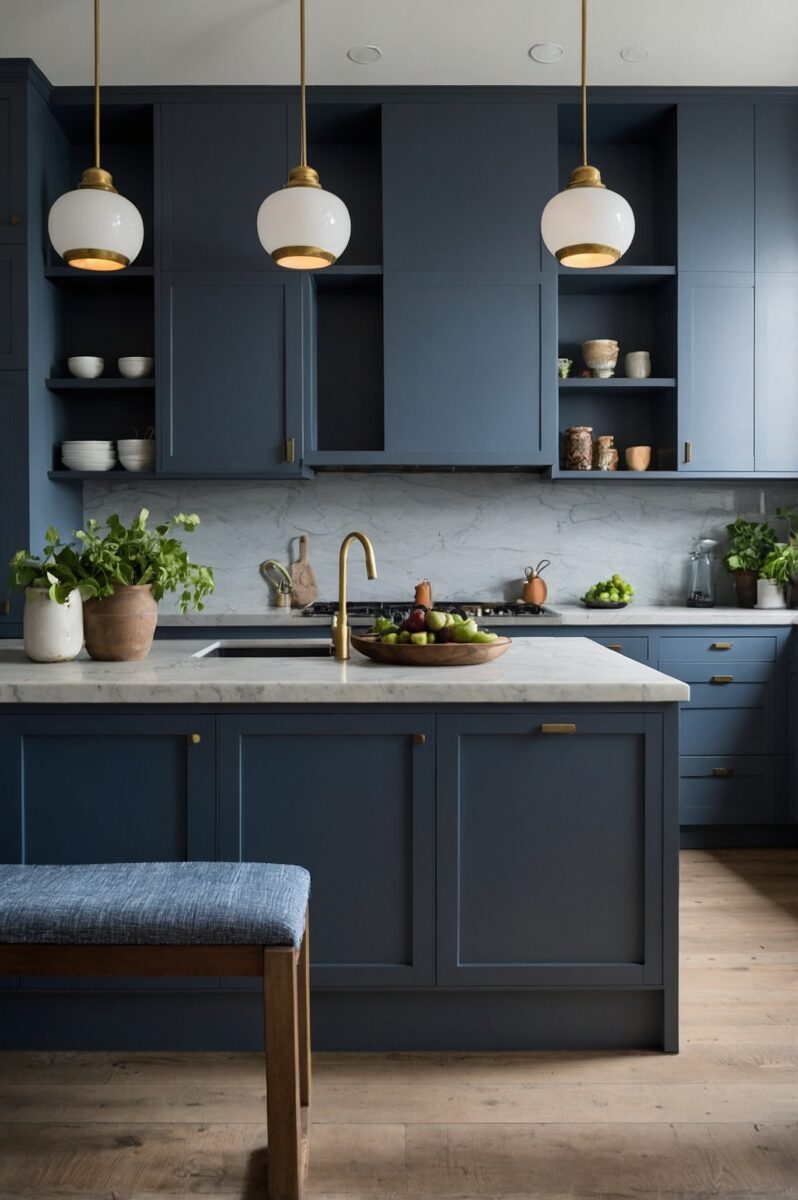 Modern kitchen with navy blue shaker cabinets, marble countertops, brass pendant lights, and kitchen island with sink