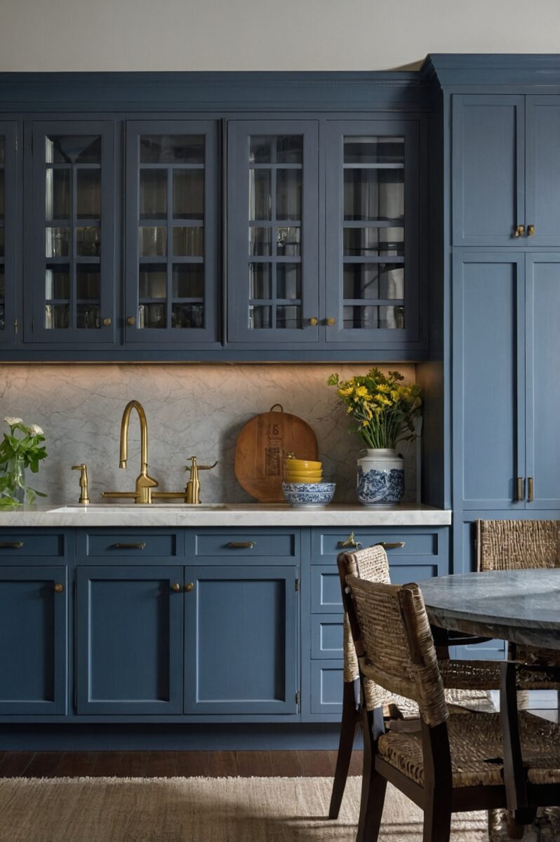 Navy blue shaker kitchen cabinets with brass hardware, marble backsplash, and gold faucet with yellow flowers