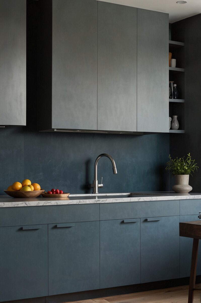 Modern kitchen with teal blue lower cabinets, grey upper cabinets, marble countertop, stainless steel faucet, and fruit bowls