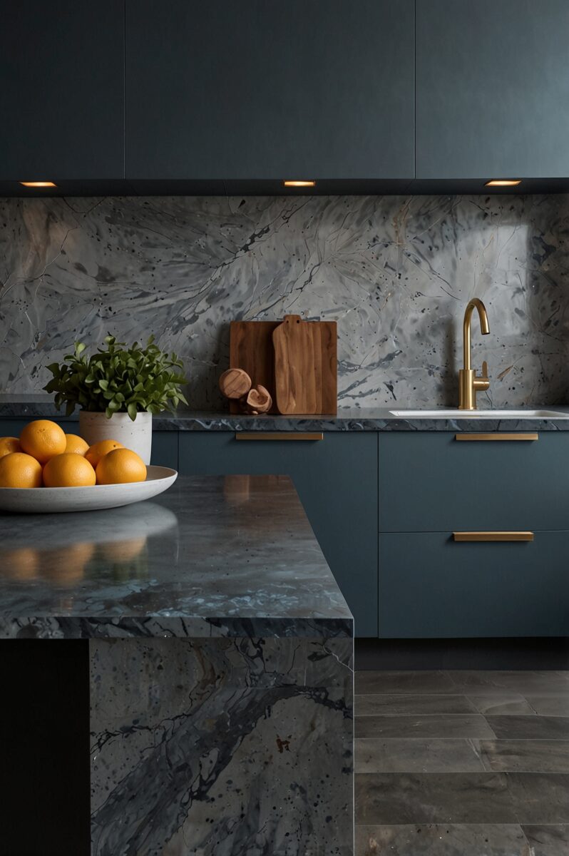 Modern luxury kitchen with dark blue cabinets, marble countertops, brass fixtures, and a bowl of oranges on the island