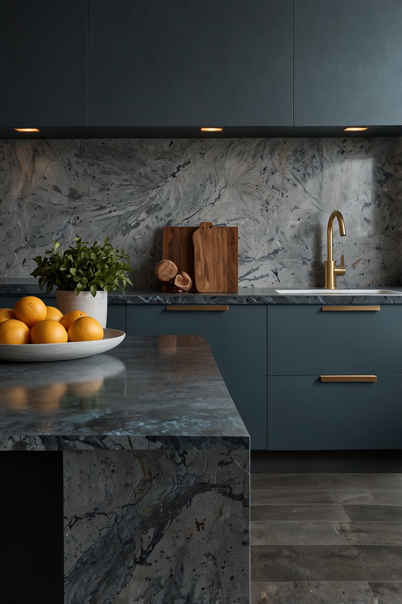 Modern luxury kitchen with dark blue cabinets, grey marble countertops, brass faucet, and bowl of oranges on island