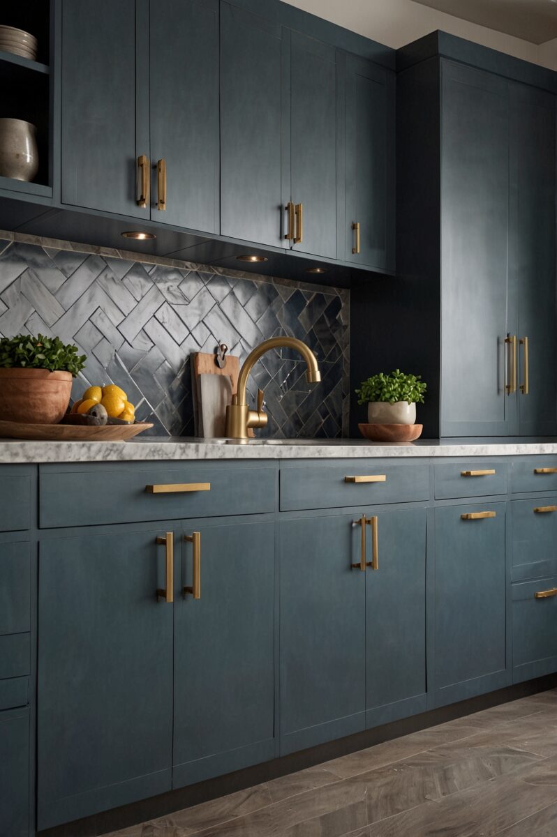 Modern kitchen with dark blue shaker cabinets, brass hardware, marble countertops, and herringbone tile backsplash
