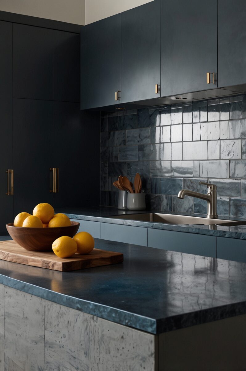 Modern dark navy kitchen with brass cabinet hardware, glossy blue tile backsplash, marble countertop, and bowl of lemons