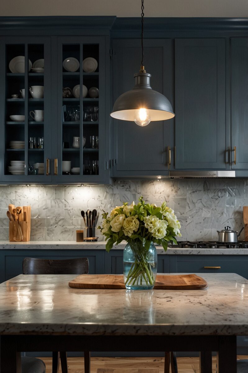 Dark blue kitchen with marble island, pendant light, glass cabinets, and white flower arrangement in vase