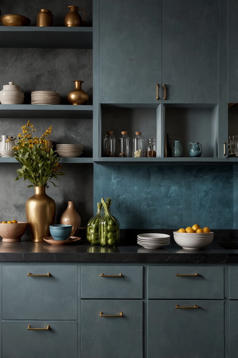 Blue-grey kitchen cabinets with brass handles, black marble countertop, open shelves with gold vases and ceramic dishes