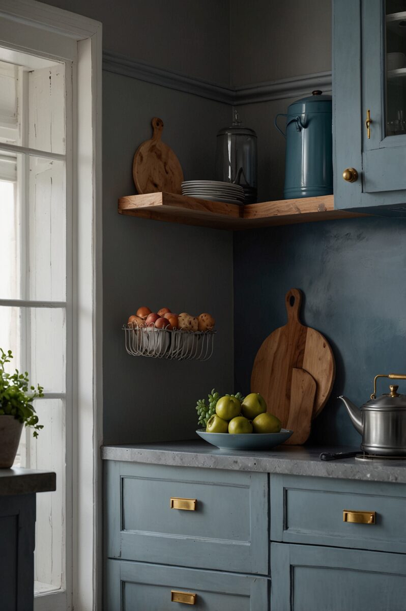 Rustic blue-grey kitchen corner with wooden shelves, cutting boards, green apples, and brass hardware on cabinets