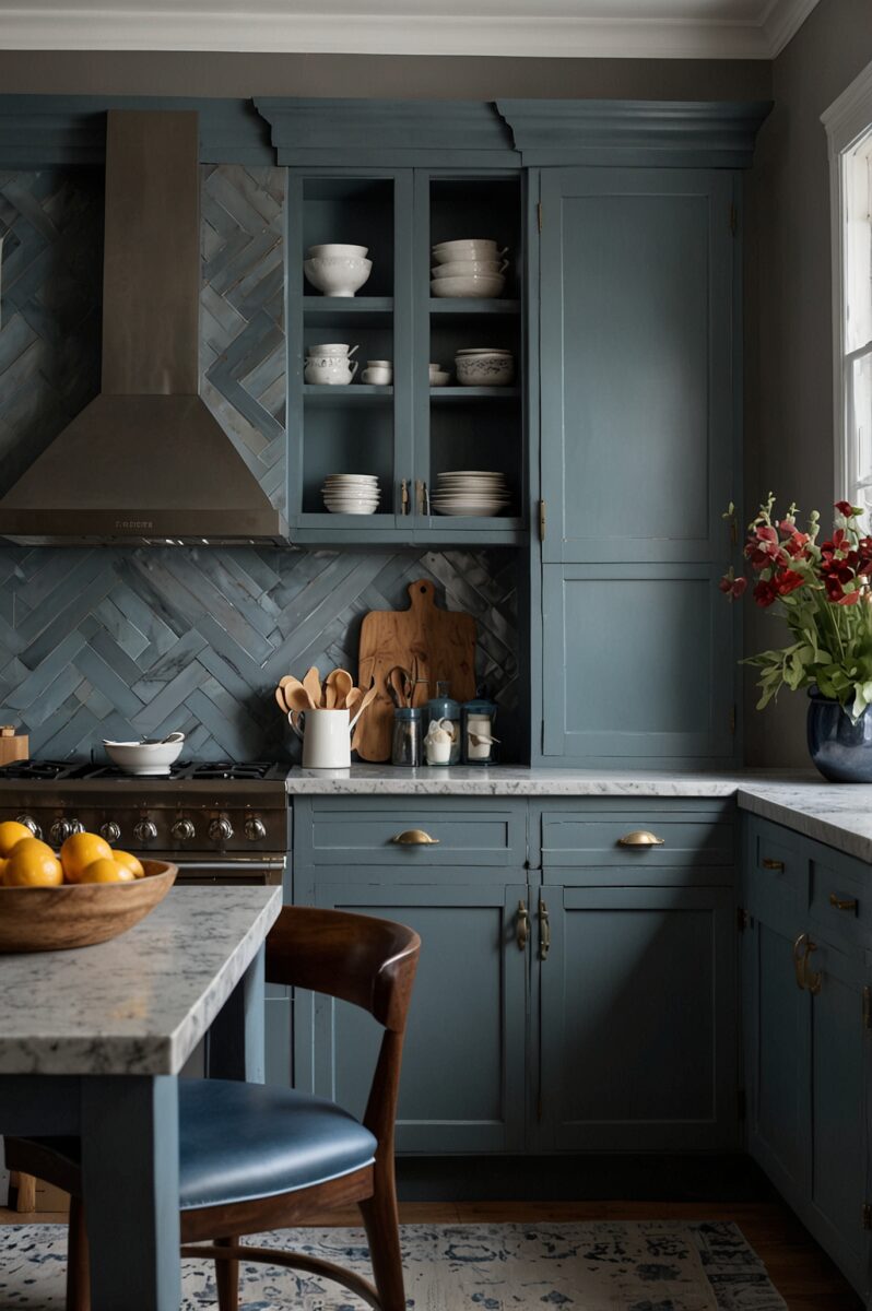 Blue-gray kitchen with herringbone tile backsplash, marble countertops, glass-front cabinets, and brass hardware