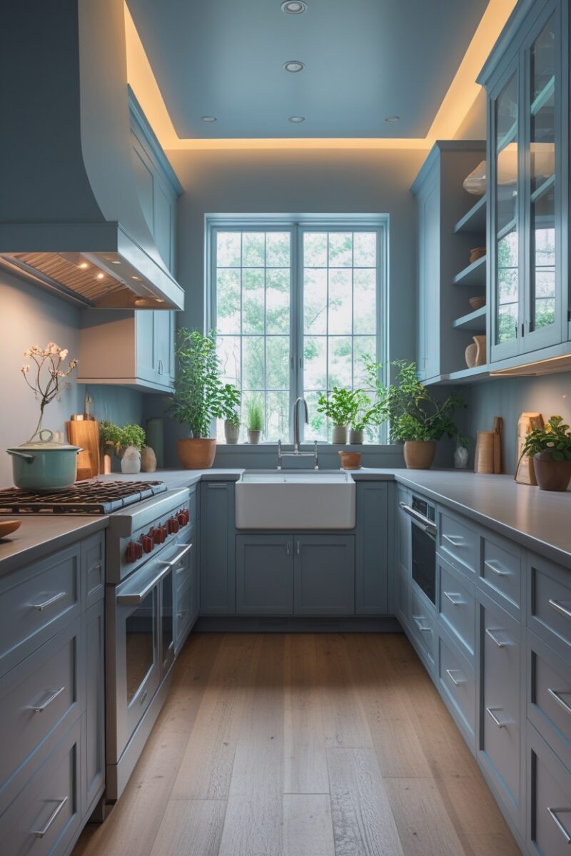 Modern blue-gray kitchen with farmhouse sink, herb plants on windowsill, hardwood floors, and warm LED cove lighting